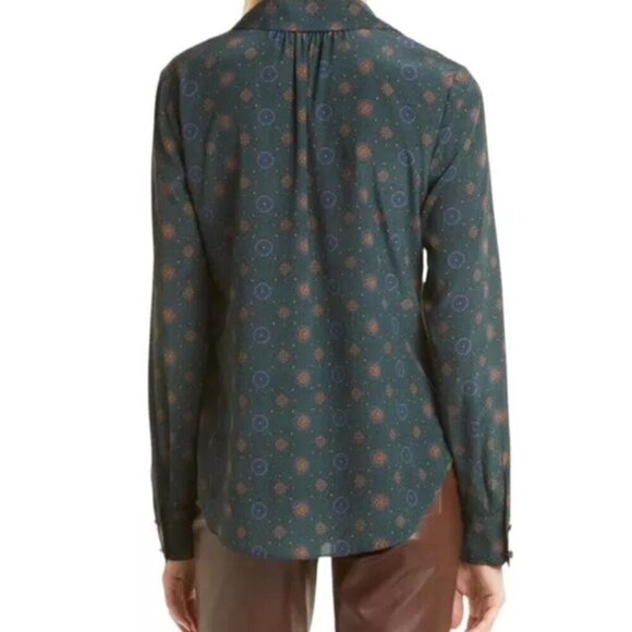 Veronica Beard Rowena Silk Button Down in Emerald Green Token Motif Print 8 - Picture 2 of 15